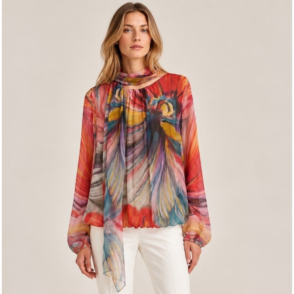 Caroline Biss Silk Blouse Scarf Abstract Watercolor Print Sheer Top Size 36 US 4